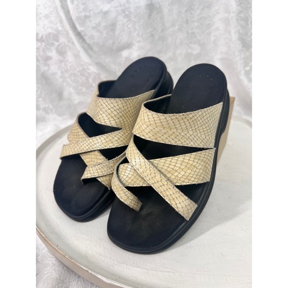 Mephisto Shoes - Mephisto Womens Helen Snakeskin Embossed Leather Slide Sandals Beige EU 37